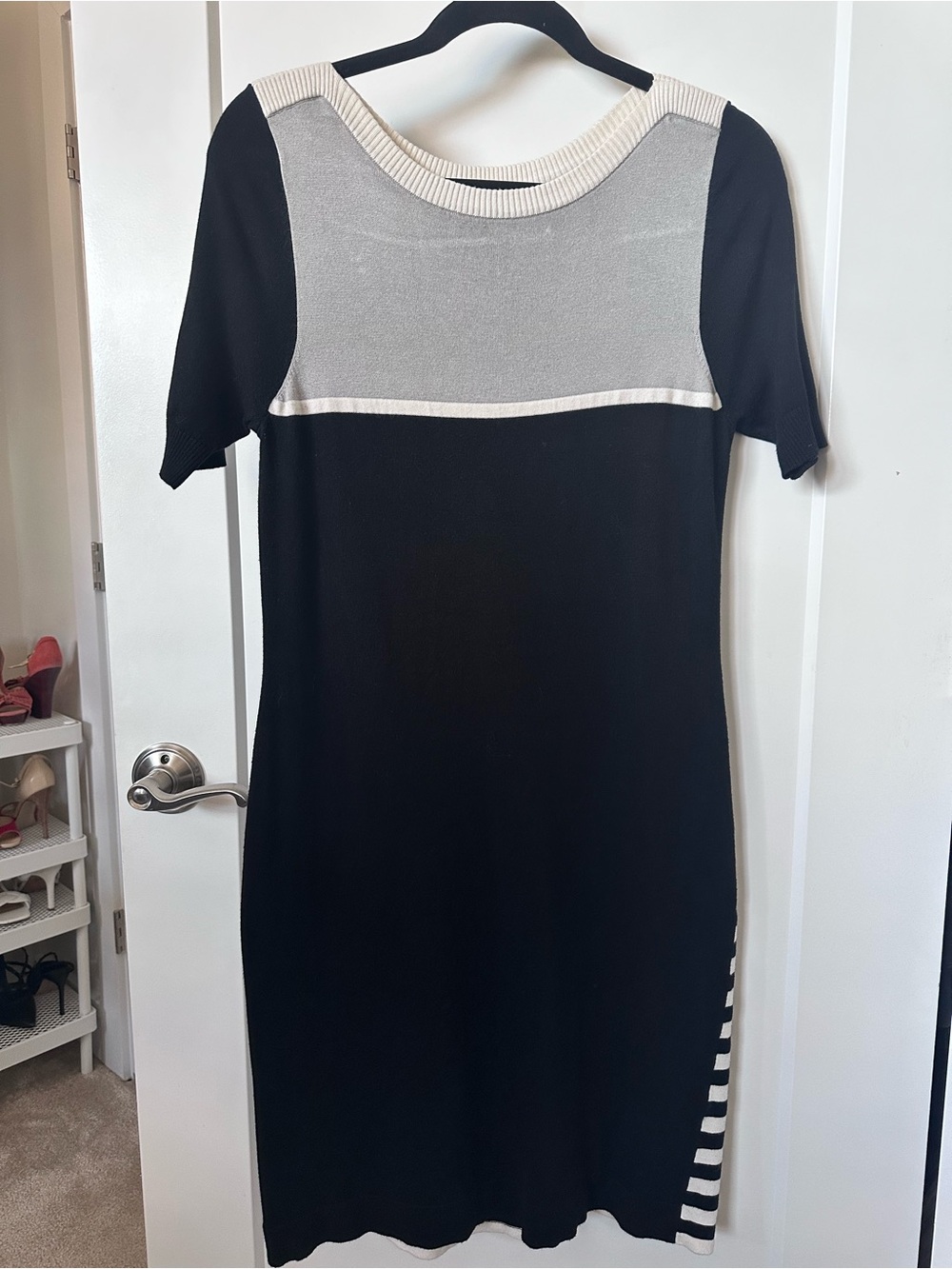 Vince Camuto Black Striped Sweater Shift Dress Black Grey White